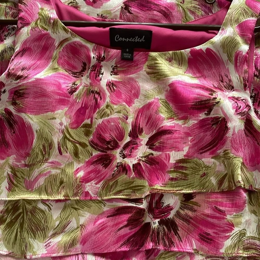 Tiered floral dress by Connected. Size 6. Pink and green floral. Has a shimmer
